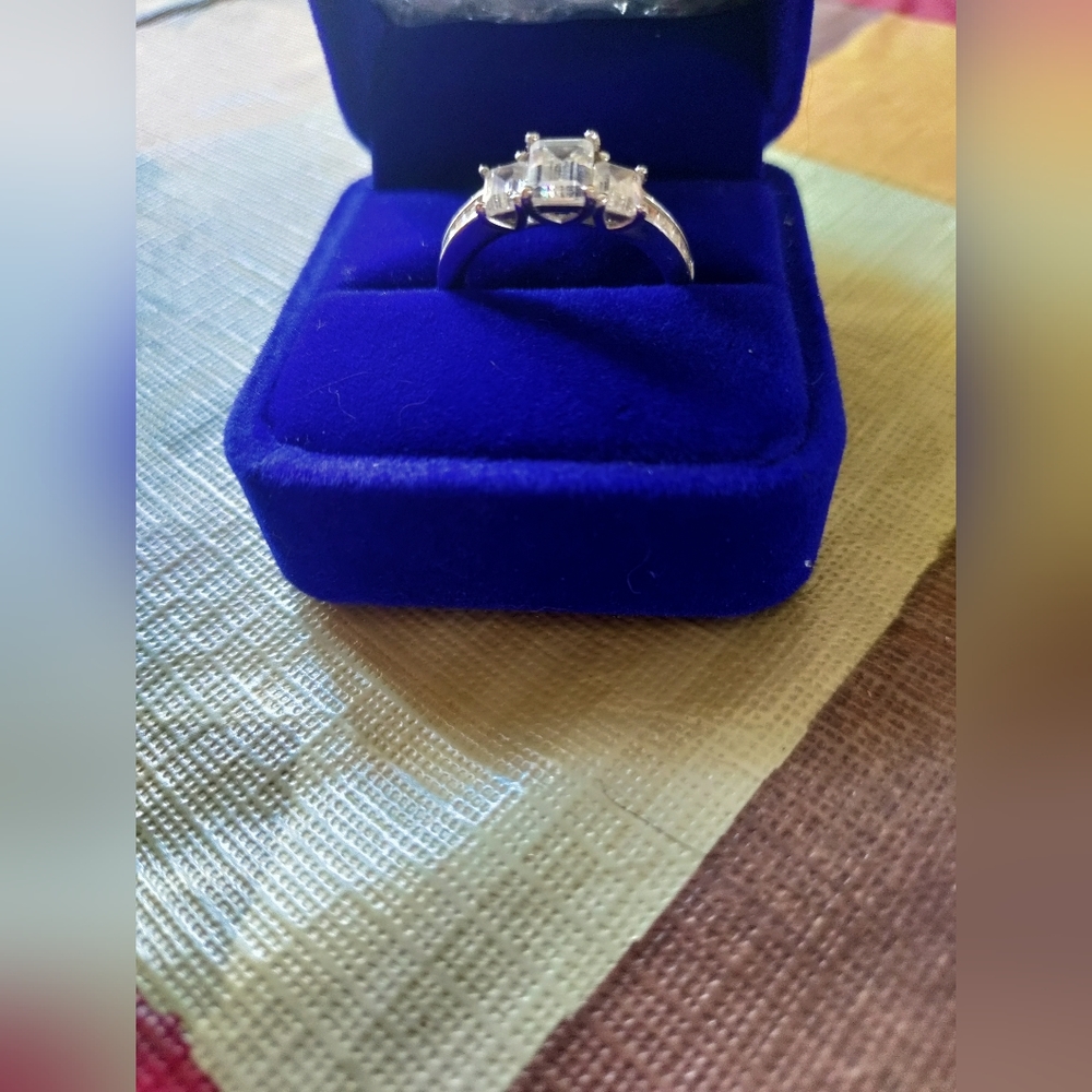 Diamonique 3Stone Emerald cut ring size 8- Platinum Clad